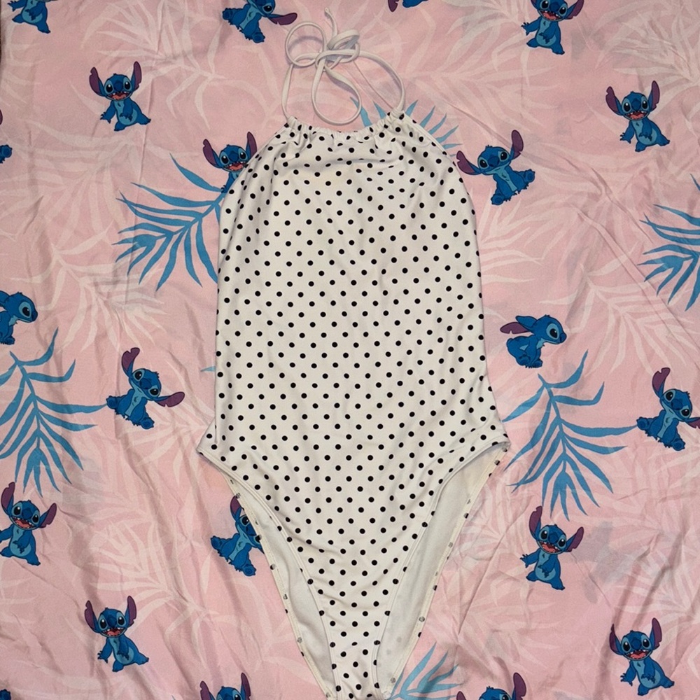 White Halter One-Piece Swimsuit with Black Polka Dots size M